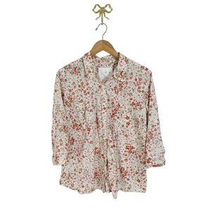 Oa Floral Button Down Shirt 100% Cotton Rust Cream Roll Tab Sleeve Top